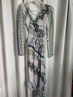ETRO Italian Bohemian Wrap Midi Silk Dress in Pale Gray with Multicolor Print